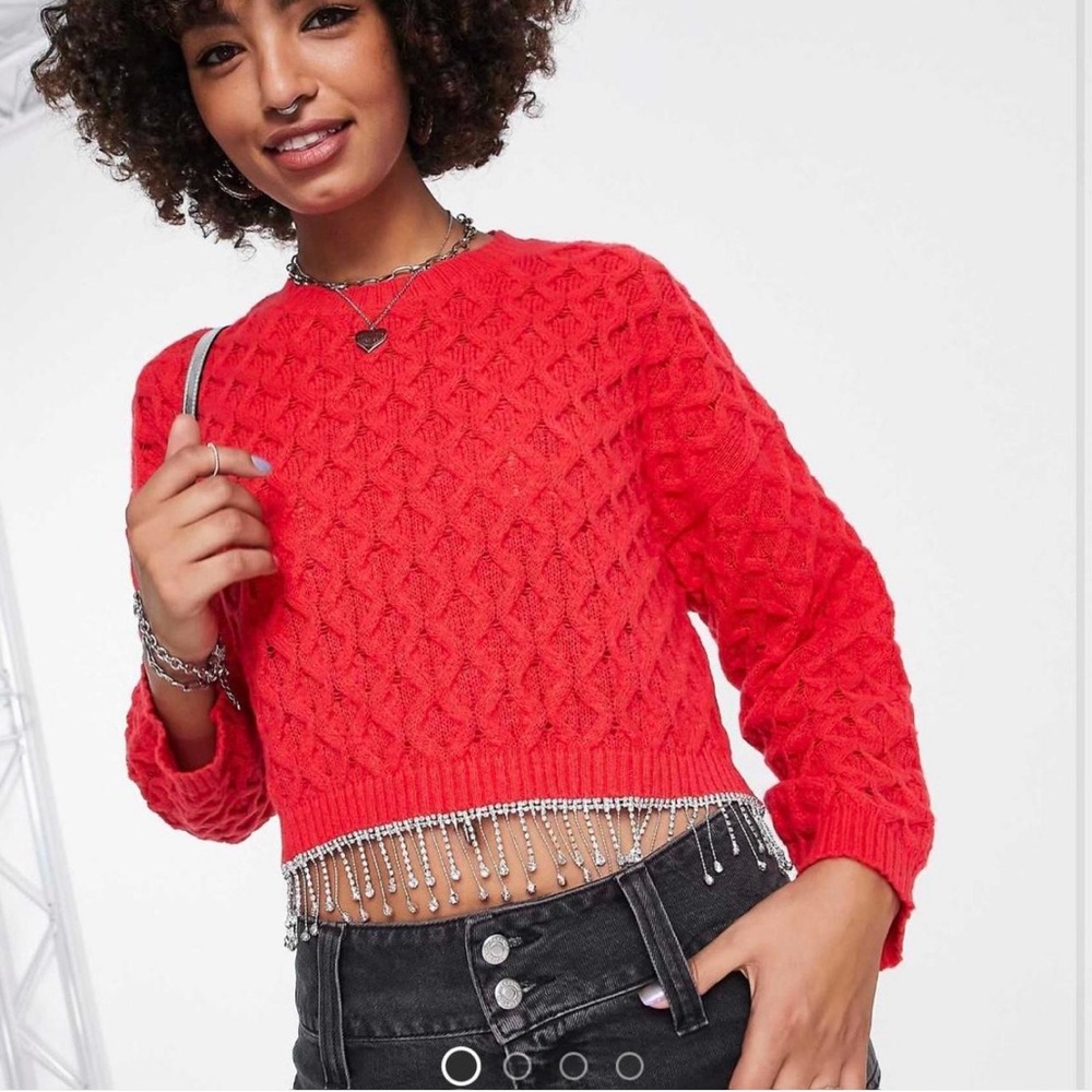 Red Knit Sweater with Rhinestone Hem